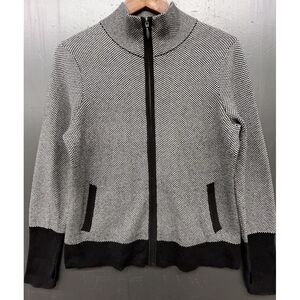 Adrienne‎ Vittadini Sweater Women L Black White Checkered Full Zip Thumb Holes
